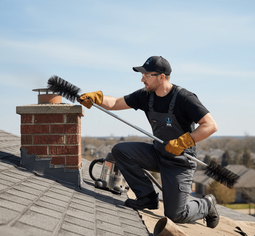 Professional chimney sweep technician cleaning a brick chimney on a Dallas rooftop